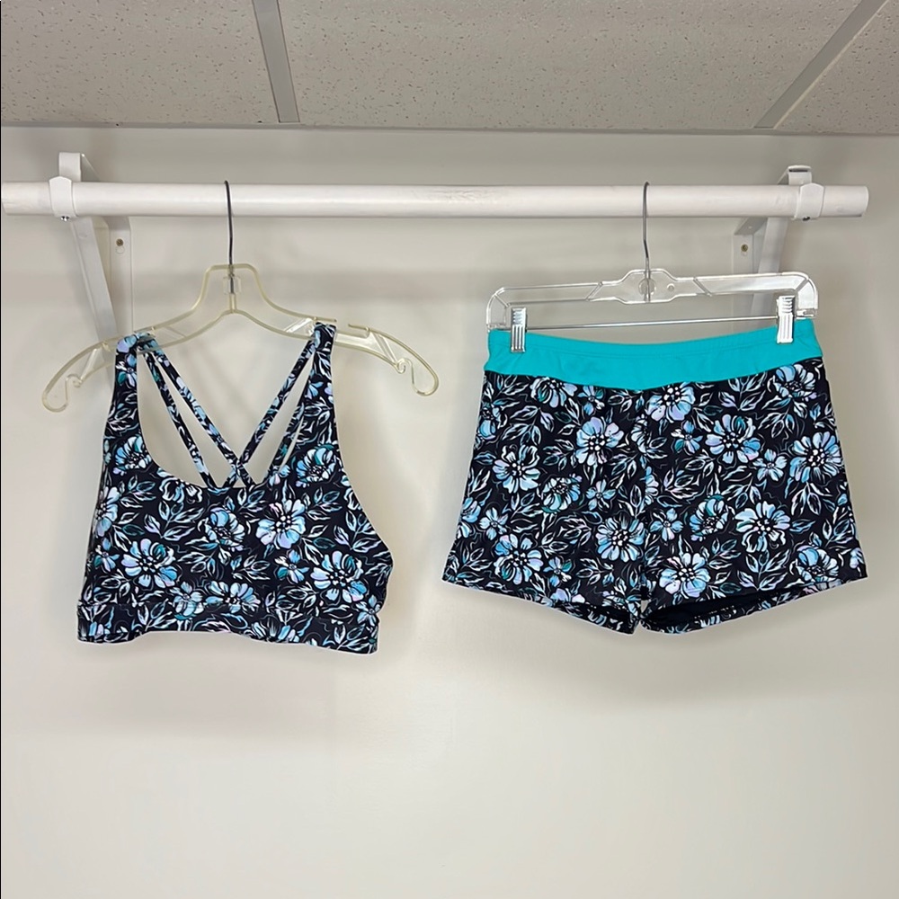 Tempt Me Black and Teal Floral Bikini Top and Boyshorts Bathing Suit Set- L‎